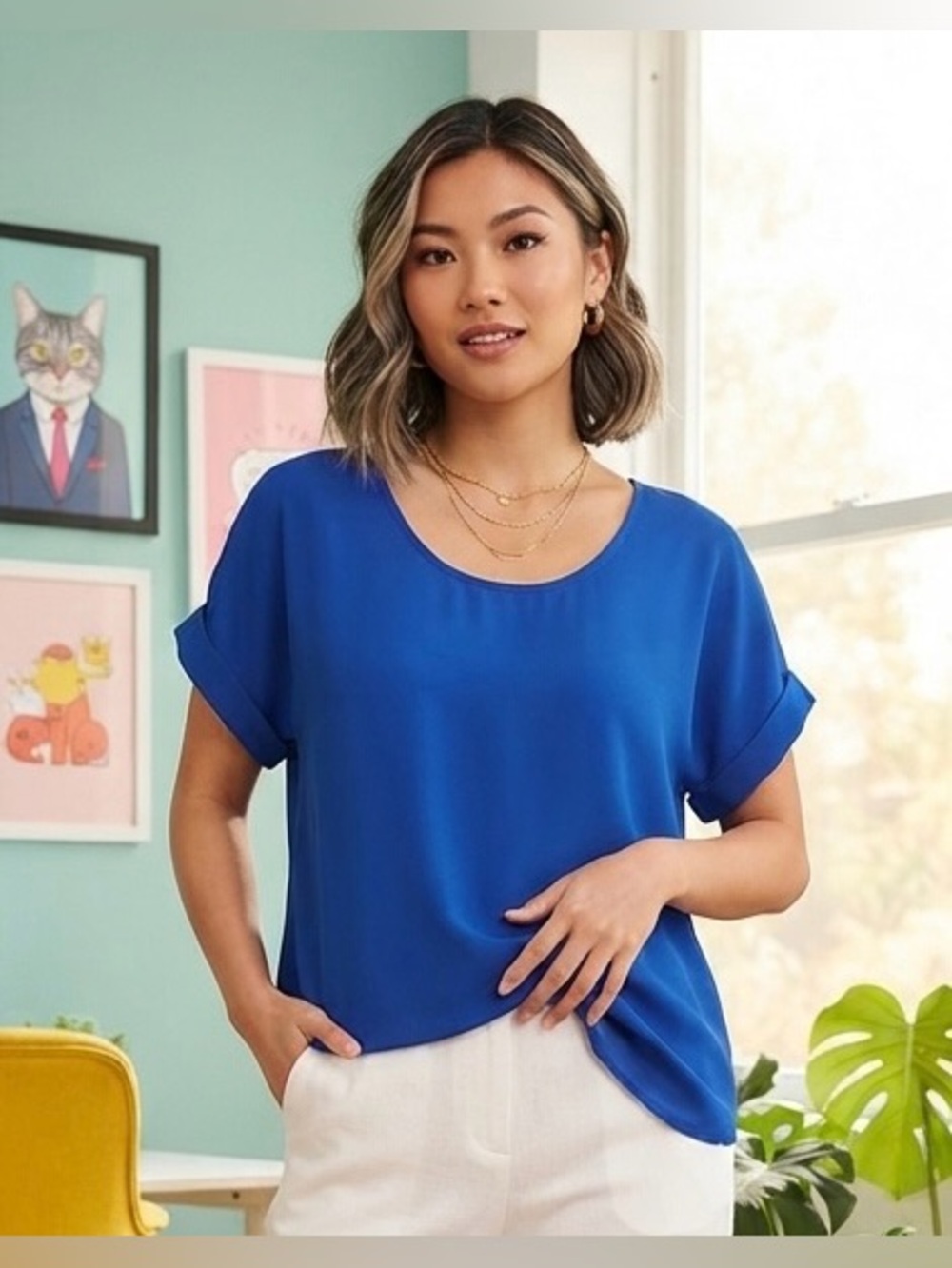 Pleione Scoop Neck Short Sleeve Blouse - Bright Blue